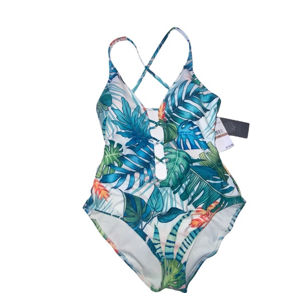 Vince Camuto Tropical Print Criss Cross one-Piece Swimsuit size 12 NWT - Picture 1 of 12